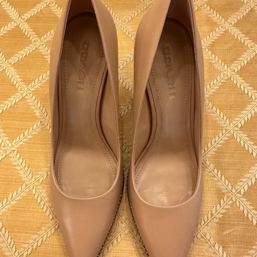 Coach Waverly Bead-Trim Tan Leather Pumps